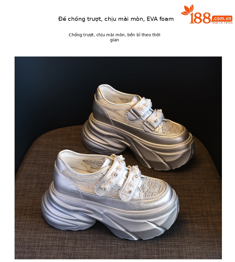 Giày sneaker nữ đế dày chunky, mặt lưới thoáng khí, gắn đá, dán Velcro — Màu trắng chi tiết 10