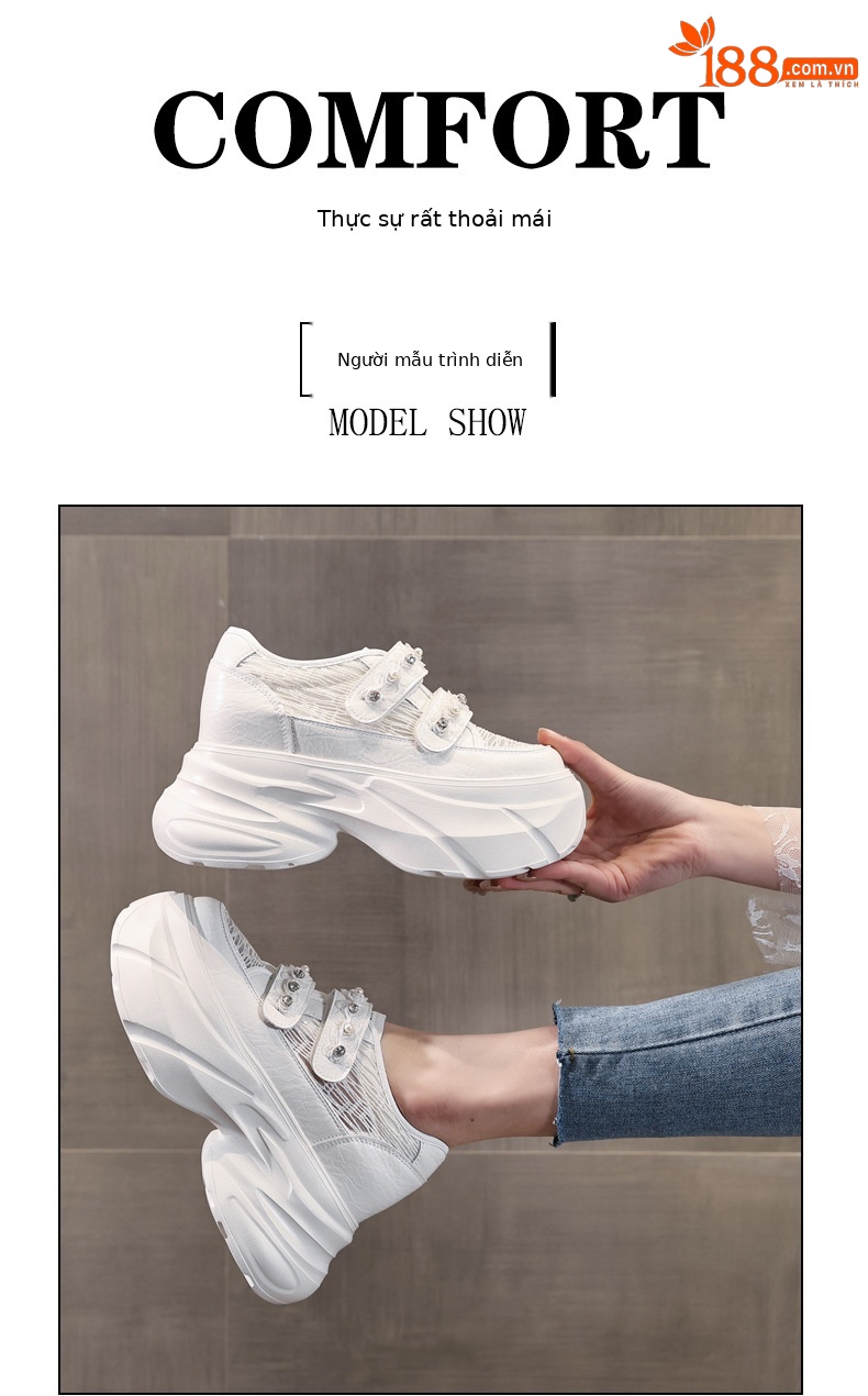Giày sneaker nữ đế dày chunky, mặt lưới thoáng khí, gắn đá, dán Velcro — Màu trắng chi tiết 11