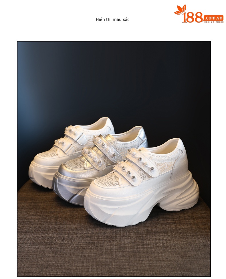 Giày sneaker nữ đế dày chunky, mặt lưới thoáng khí, gắn đá, dán Velcro — Màu trắng chi tiết 18