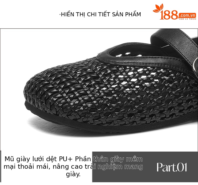 Giày bệt nữ mũi tròn mặt lưới thoáng khí quai khuy ngang đế bằng phong cách cổ điển — 7125 Màu đen, 7125 màu be chi tiết 15