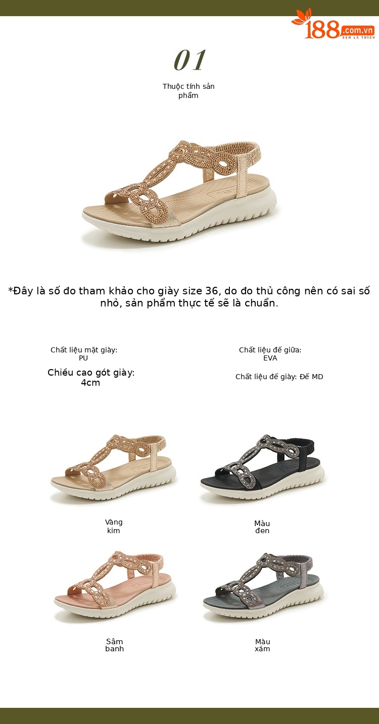 Dép sandal nữ xỏ ngón đế bệt phong cách thể thao đính đá đi biển — Màu sâm panh, Màu đen, Màu vàng, Màu xám chi tiết 2