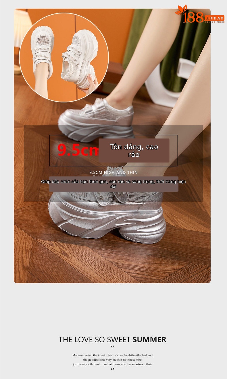 Giày sneaker nữ chunky đế dày màu trắng, form mũi tròn, phong cách thể thao casual — Bạc, Trắng chi tiết 9