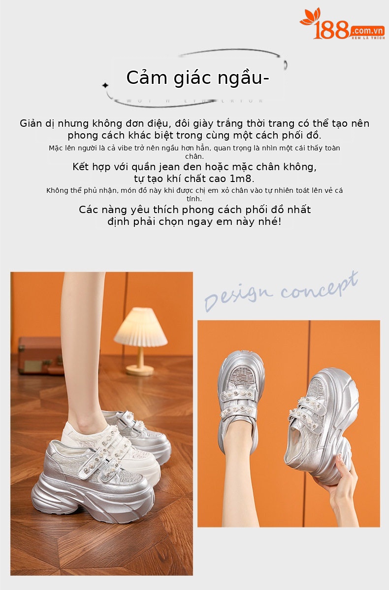 Giày sneaker nữ chunky đế dày màu trắng, form mũi tròn, phong cách thể thao casual — Bạc, Trắng chi tiết 4