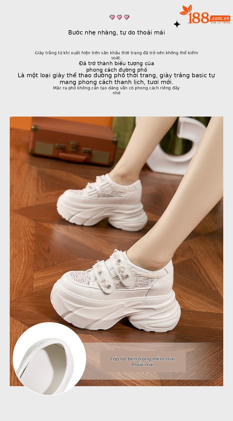 Giày sneaker nữ chunky đế dày màu trắng, form mũi tròn, phong cách thể thao casual — Bạc, Trắng chi tiết 5