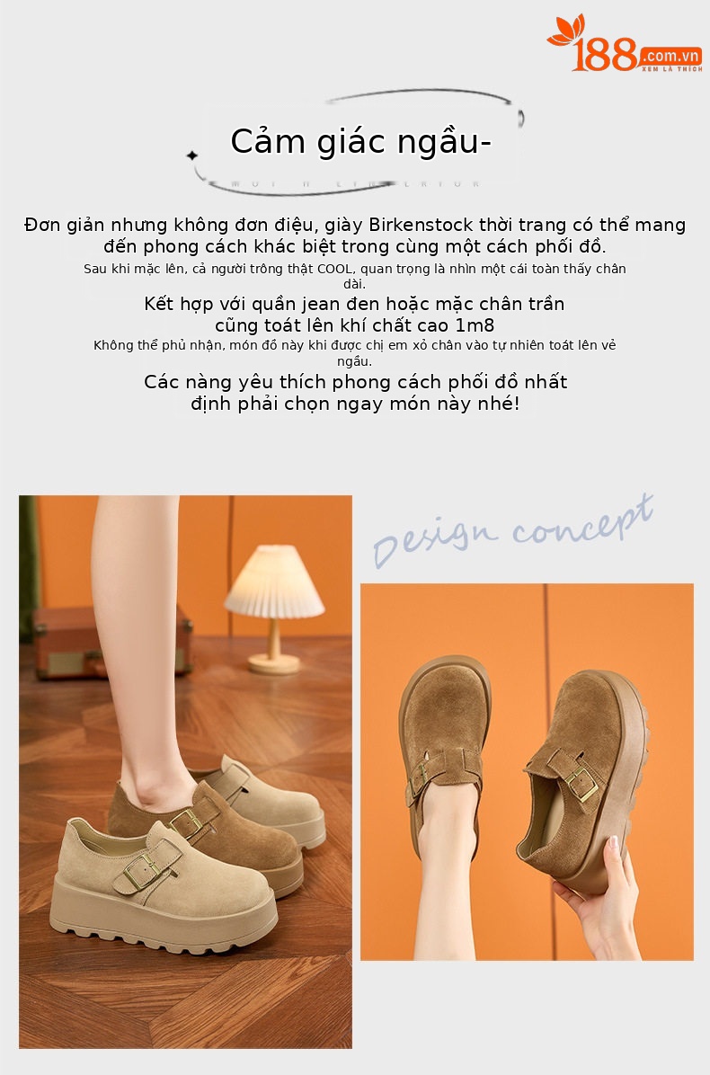 Sandal nữ Birkenstock da thật quai chữ V đế dày mùa hè — Lạc đà, Mơ chi tiết 4