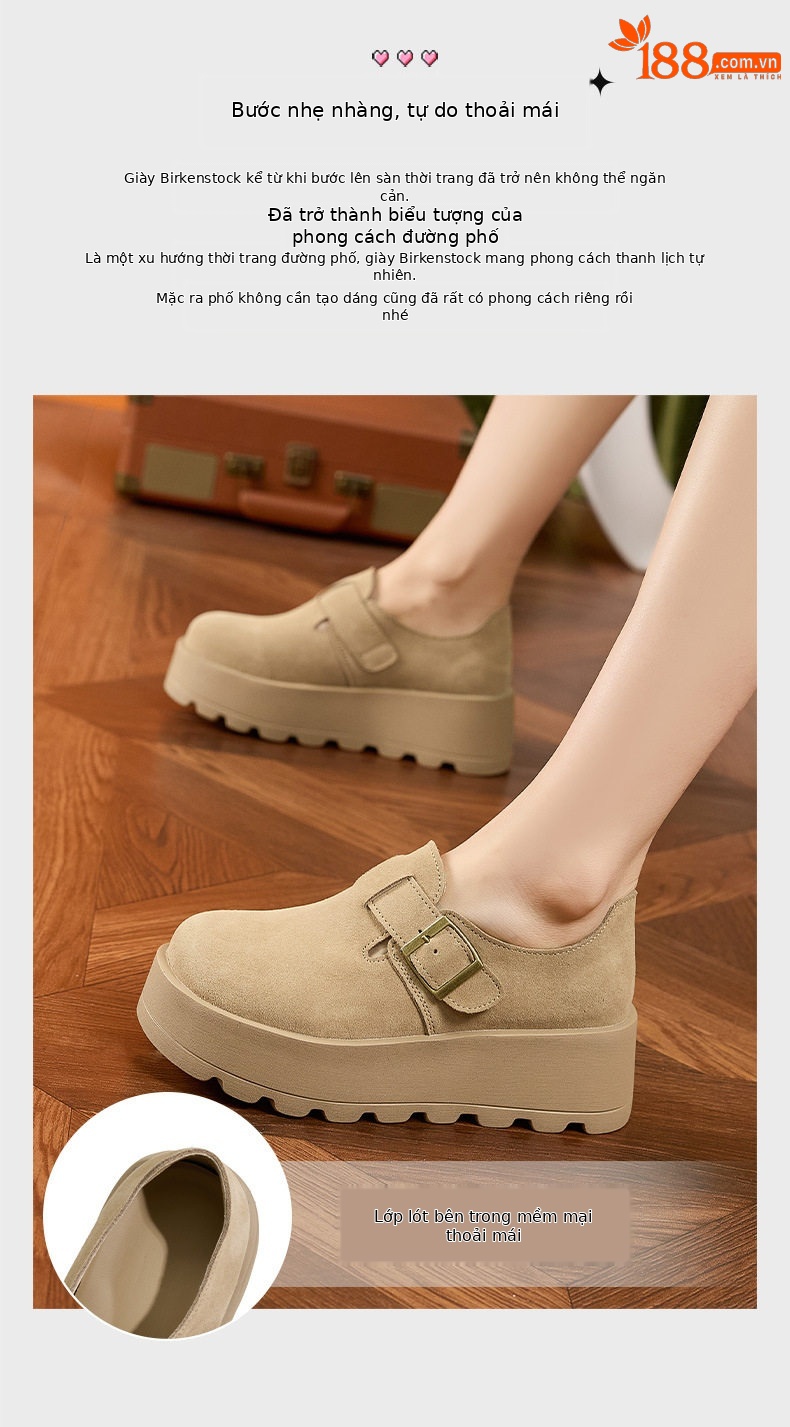 Sandal nữ Birkenstock da thật quai chữ V đế dày mùa hè — Lạc đà, Mơ chi tiết 5
