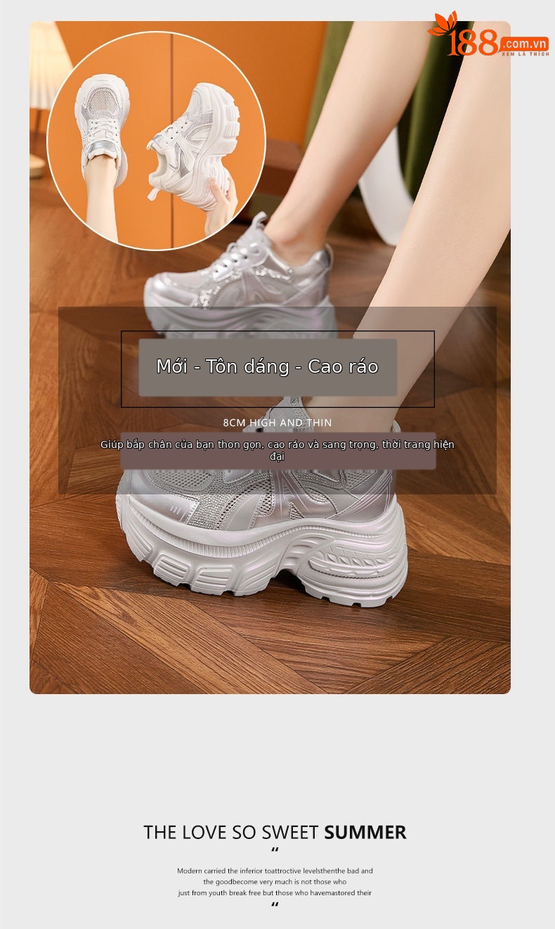 Giày sneaker nữ đế dày chunky tăng chiều cao lưới thoáng khí mùa hè — Trắng, Bạc chi tiết 9