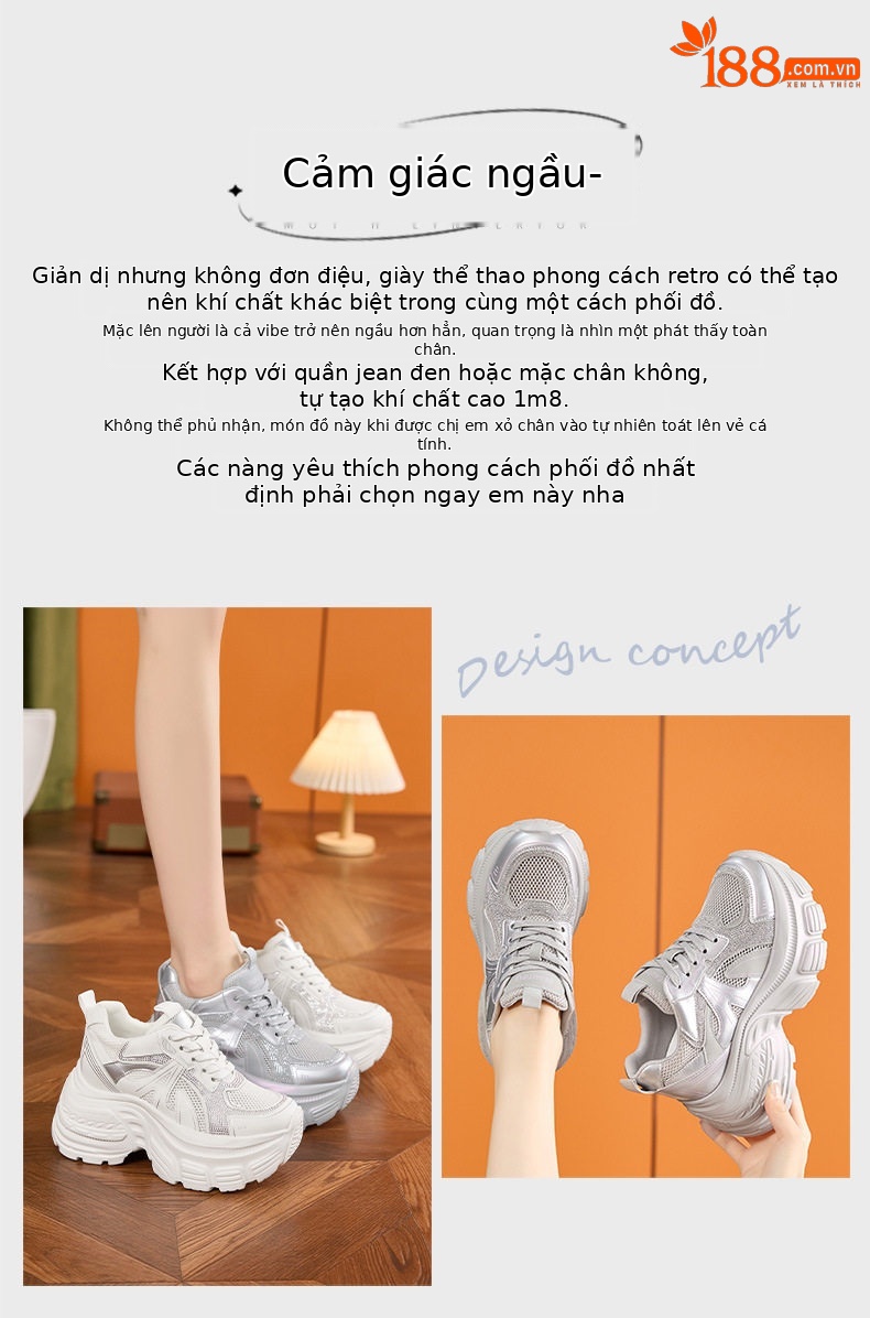 Giày sneaker nữ đế dày chunky tăng chiều cao lưới thoáng khí mùa hè — Trắng, Bạc chi tiết 4