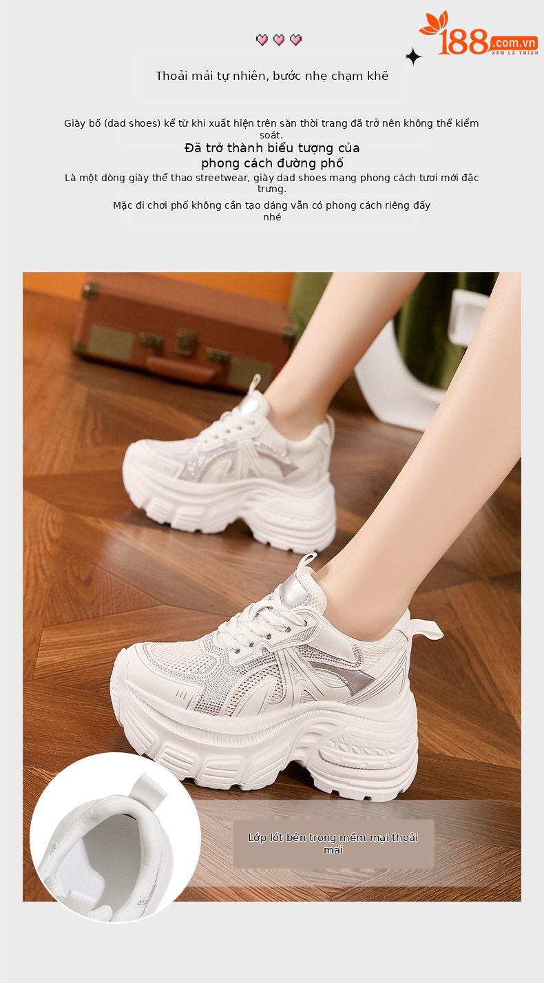 Giày sneaker nữ đế dày chunky tăng chiều cao lưới thoáng khí mùa hè — Trắng, Bạc chi tiết 5