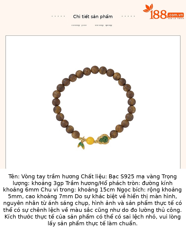 Vòng tay bạc S925 mạ vàng kết hợp ngọc thạch trầm hương họa tiết lá tre — Một chiếc chi tiết 2