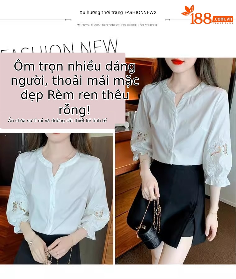 Áo sơ mi nữ tay ngắn phong cách cao cấp, tay phồng thêu rỗng — trắng chi tiết 2