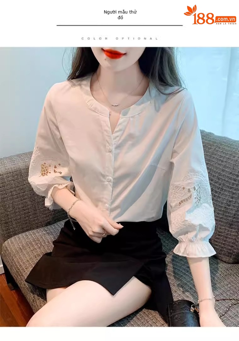 Áo sơ mi nữ tay ngắn phong cách cao cấp, tay phồng thêu rỗng — trắng chi tiết 3