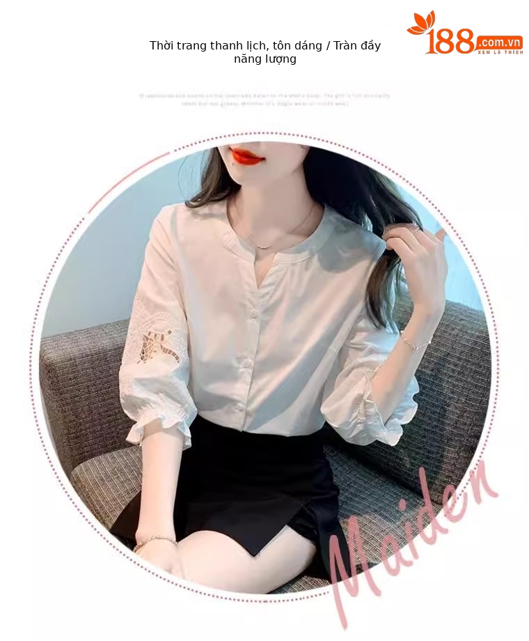 Áo sơ mi nữ tay ngắn phong cách cao cấp, tay phồng thêu rỗng — trắng chi tiết 8