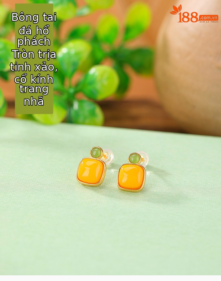 Bông tai bạc S925 hình vuông đính đá ngọc bích và sáp ong phong cách hình học — Một cặp chi tiết 1