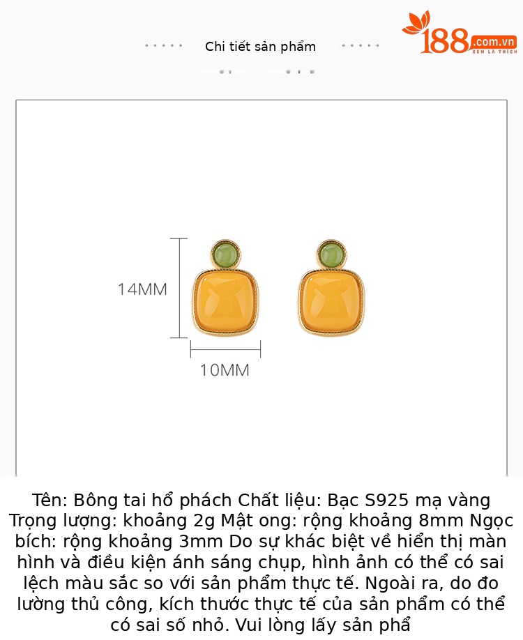 Bông tai bạc S925 hình vuông đính đá ngọc bích và sáp ong phong cách hình học — Một cặp chi tiết 2