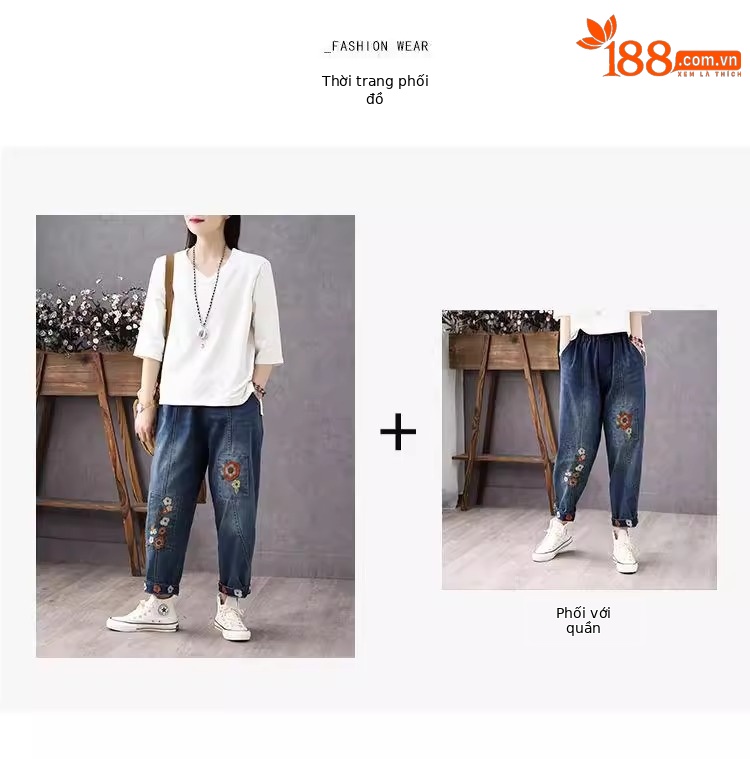 Áo thun cotton ngắn tay cổ tròn họa tiết bướm tay lỡ — Màu xanh nước ngoài [một hàng bướm trên vai trắng] chi tiết 7
