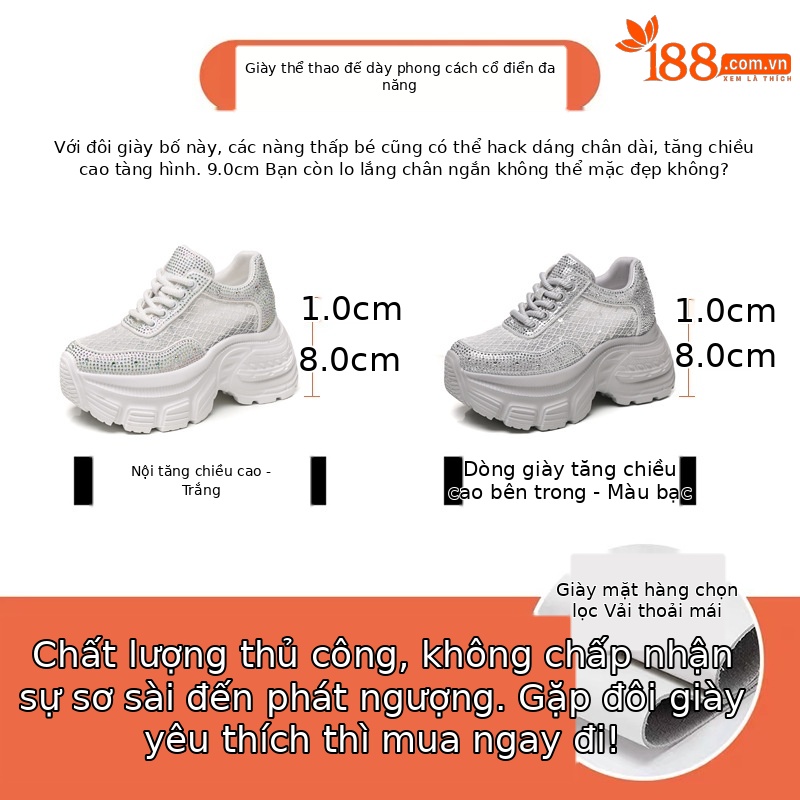 Giày sneaker nữ đế dày lưới thoáng khí đính đá rhinestone — Màu trắng