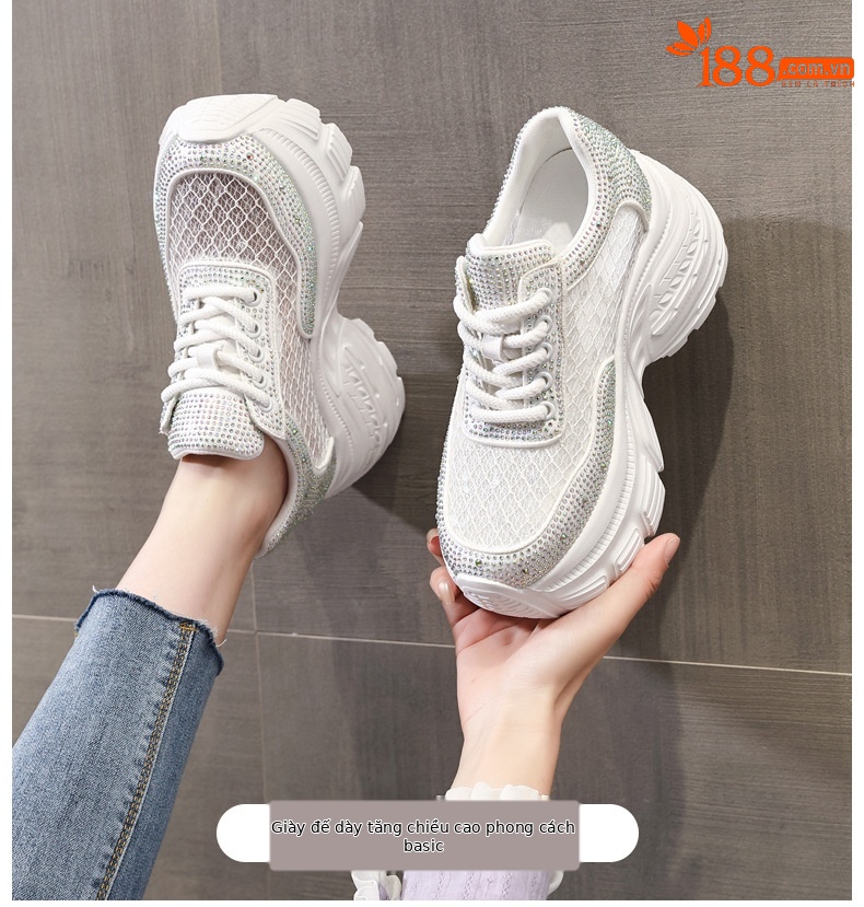 Giày sneaker nữ đế dày lưới thoáng khí đính đá rhinestone — Màu trắng chi tiết 1