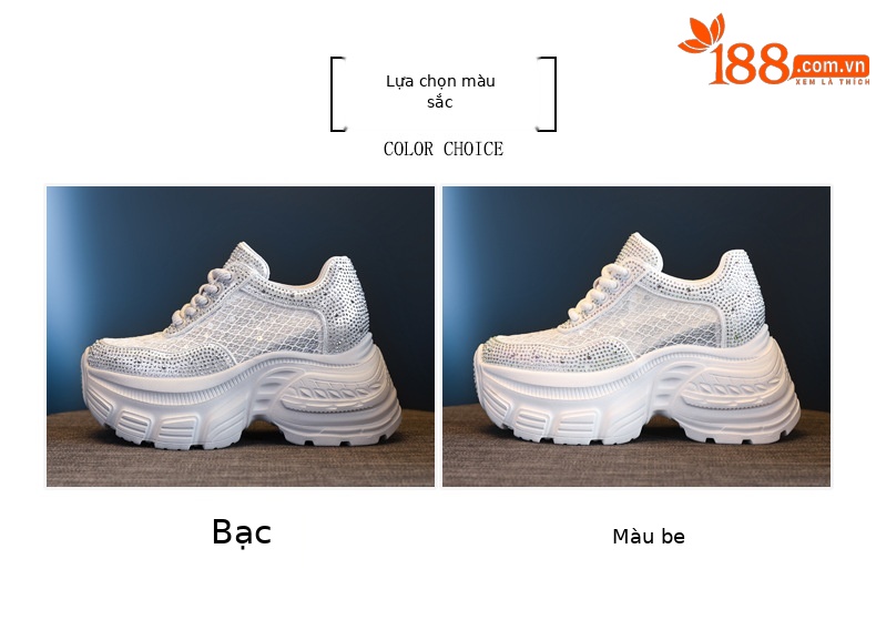 Giày sneaker nữ đế dày lưới thoáng khí đính đá rhinestone — Màu trắng chi tiết 2