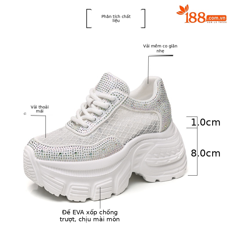Giày sneaker nữ đế dày lưới thoáng khí đính đá rhinestone — Màu trắng chi tiết 3