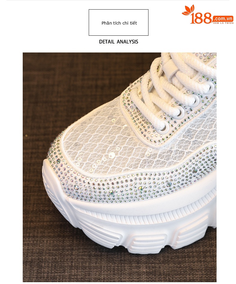 Giày sneaker nữ đế dày lưới thoáng khí đính đá rhinestone — Màu trắng chi tiết 7