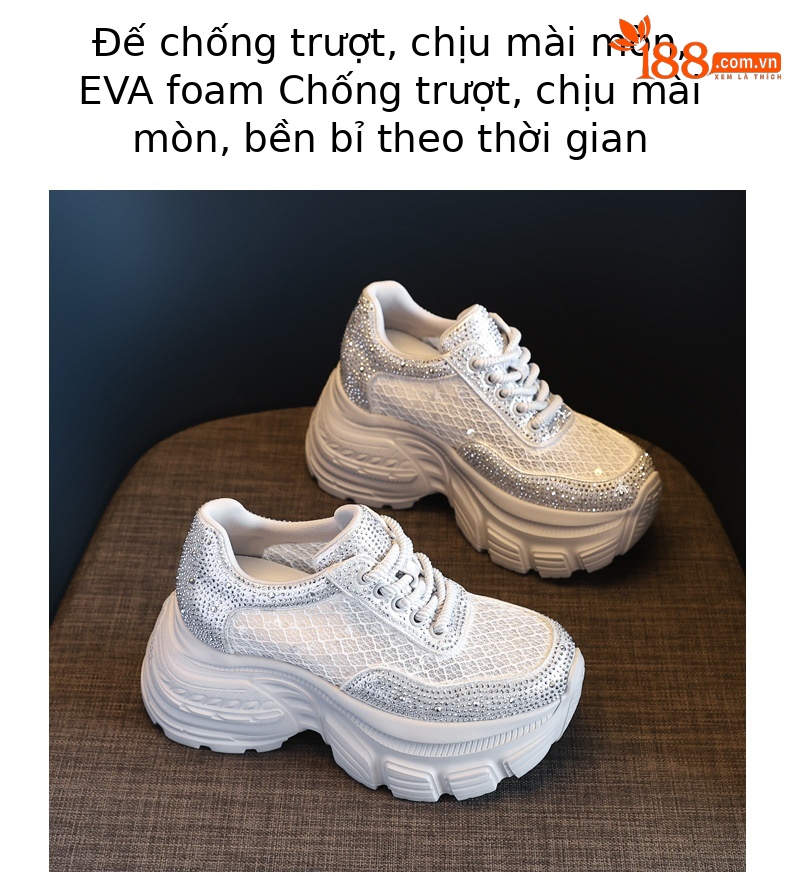 Giày sneaker nữ đế dày lưới thoáng khí đính đá rhinestone — Màu trắng chi tiết 10