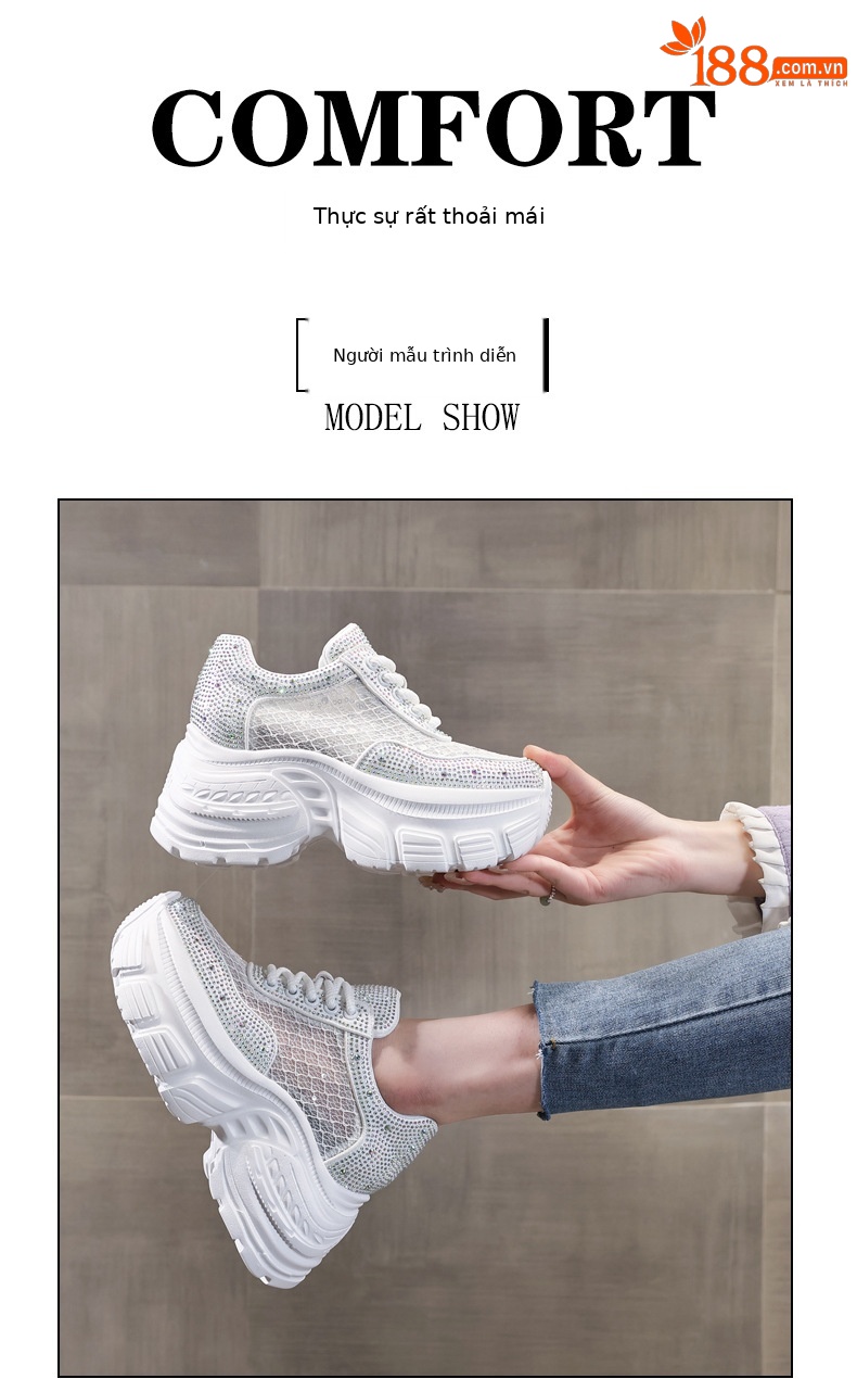 Giày sneaker nữ đế dày lưới thoáng khí đính đá rhinestone — Màu trắng chi tiết 11