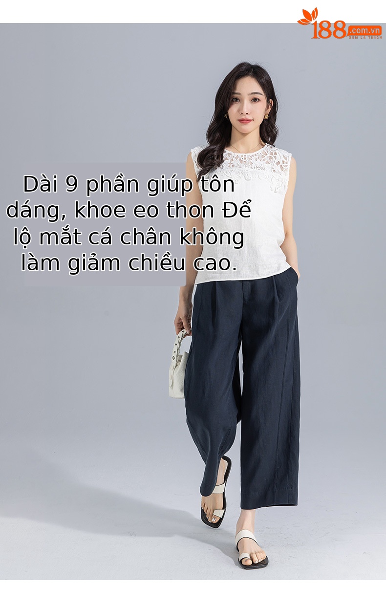 Quần ống rộng nữ cạp cao suông rộng dáng 9 phần vải linen lyocell — màu xanh hải quân chi tiết 13