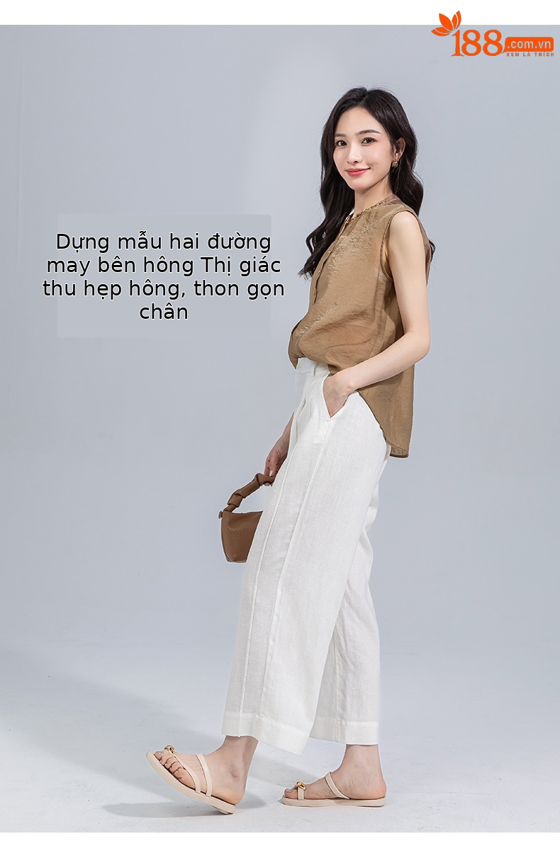 Quần ống rộng nữ cạp cao suông rộng dáng 9 phần vải linen lyocell — màu xanh hải quân chi tiết 14