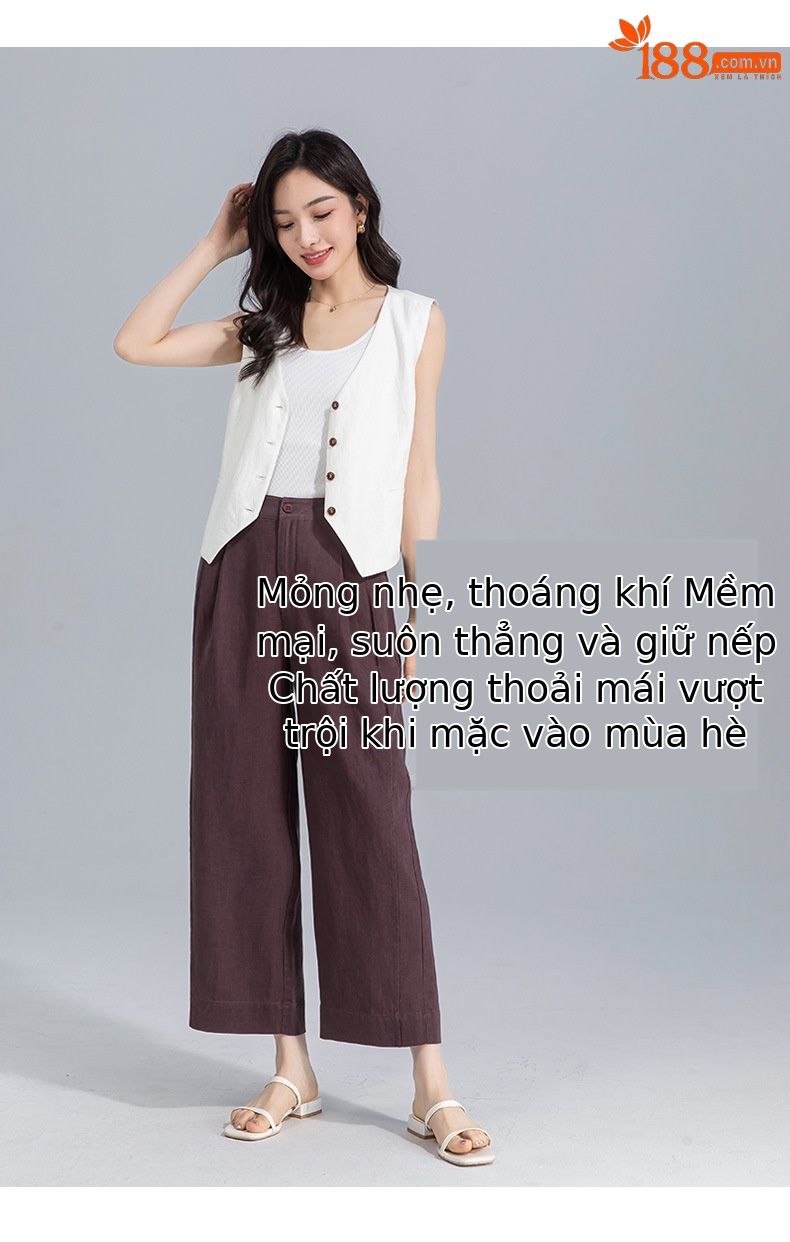 Quần ống rộng nữ cạp cao suông rộng dáng 9 phần vải linen lyocell — màu xanh hải quân chi tiết 15