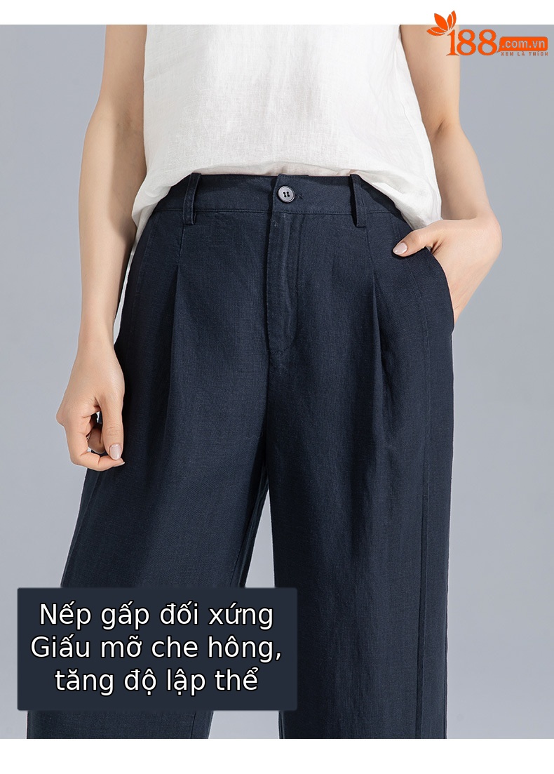 Quần ống rộng nữ cạp cao suông rộng dáng 9 phần vải linen lyocell — màu xanh hải quân chi tiết 16