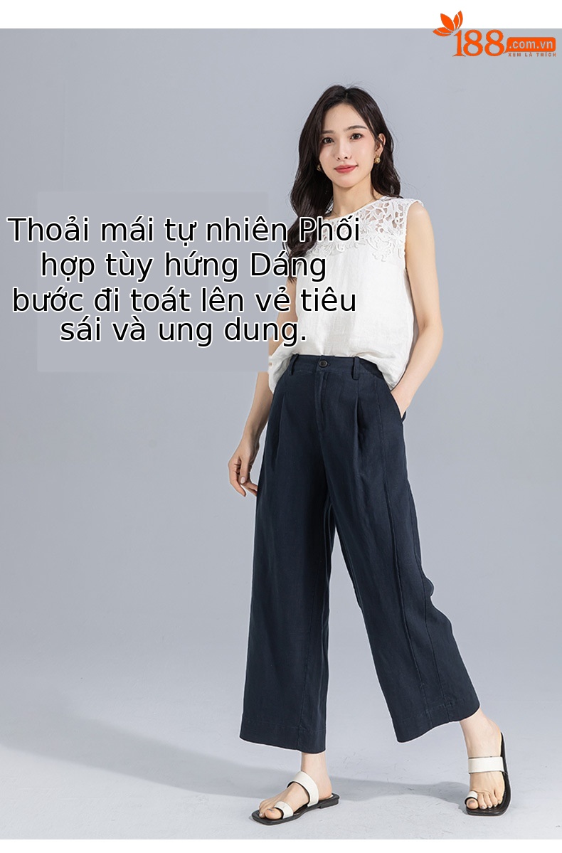 Quần ống rộng nữ cạp cao suông rộng dáng 9 phần vải linen lyocell — màu xanh hải quân chi tiết 17
