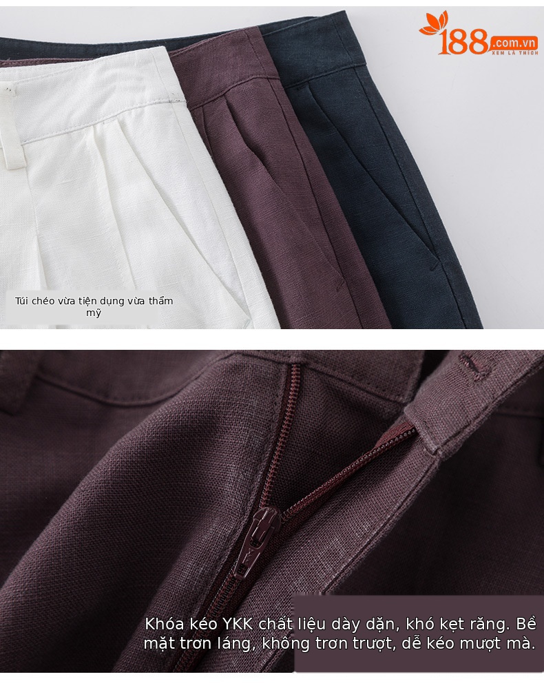 Quần ống rộng nữ cạp cao suông rộng dáng 9 phần vải linen lyocell — màu xanh hải quân chi tiết 19