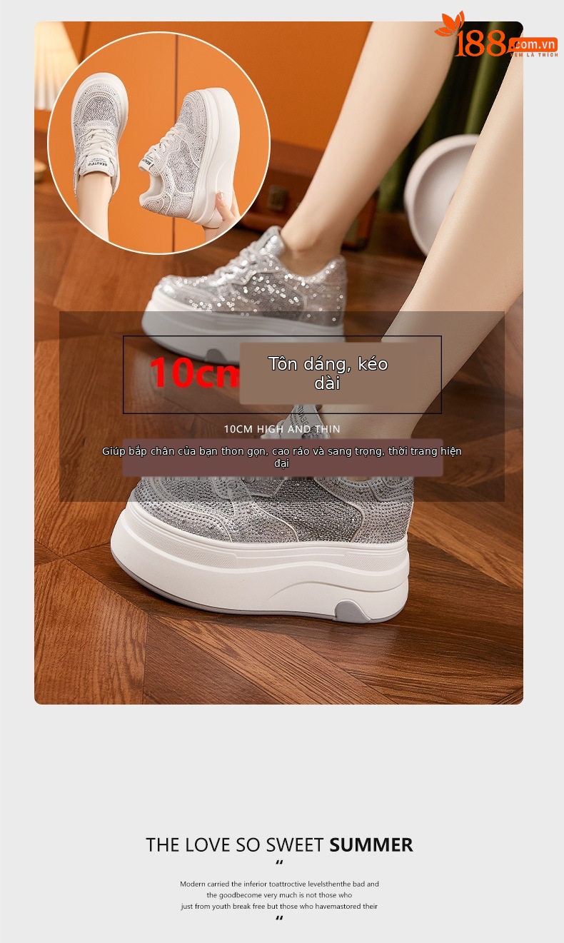 Giày sneaker nữ chunky đế dày platform trắng phối đá rhinestone — Trắng, Bạc chi tiết 9