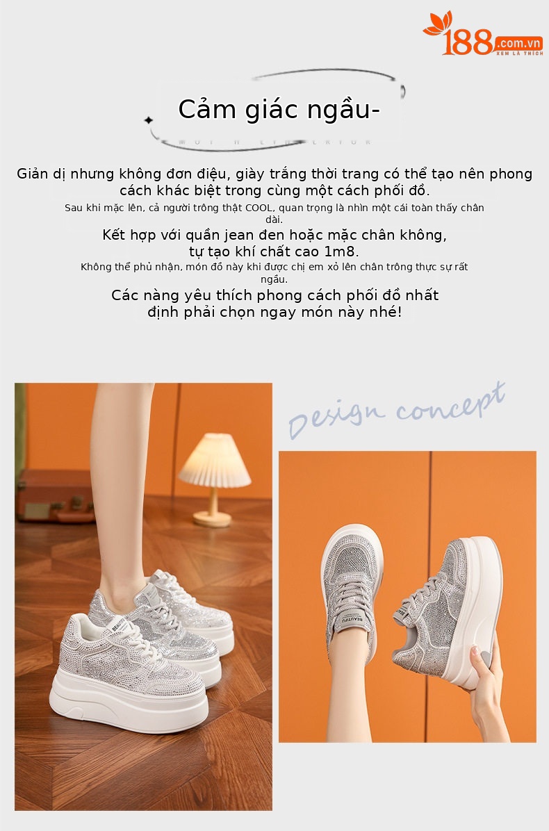 Giày sneaker nữ chunky đế dày platform trắng phối đá rhinestone — Trắng, Bạc chi tiết 4