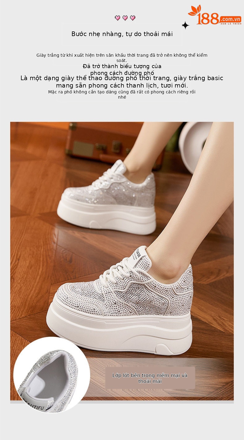 Giày sneaker nữ chunky đế dày platform trắng phối đá rhinestone — Trắng, Bạc chi tiết 5