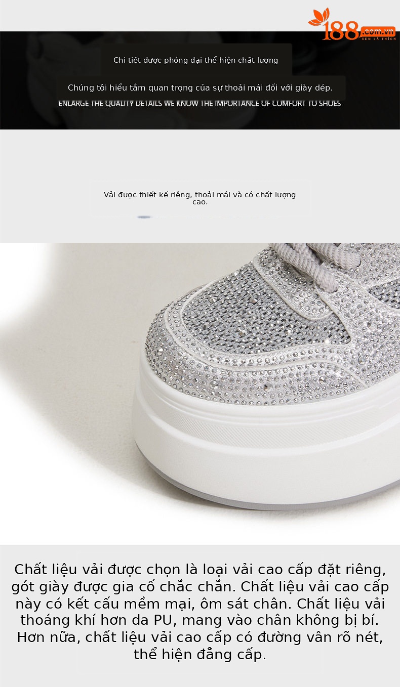 Giày sneaker nữ chunky đế dày platform trắng phối đá rhinestone — Trắng, Bạc chi tiết 6