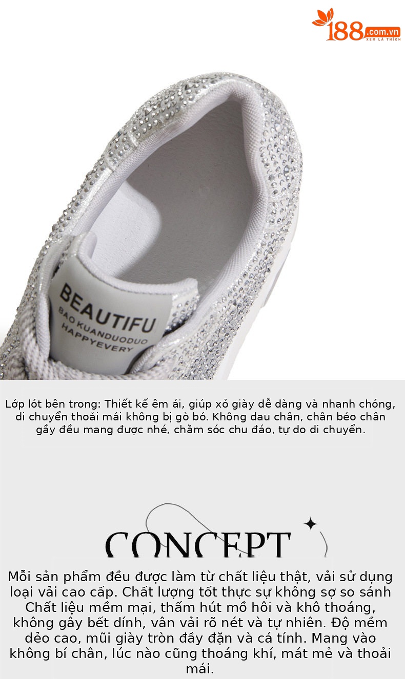 Giày sneaker nữ chunky đế dày platform trắng phối đá rhinestone — Trắng, Bạc chi tiết 8