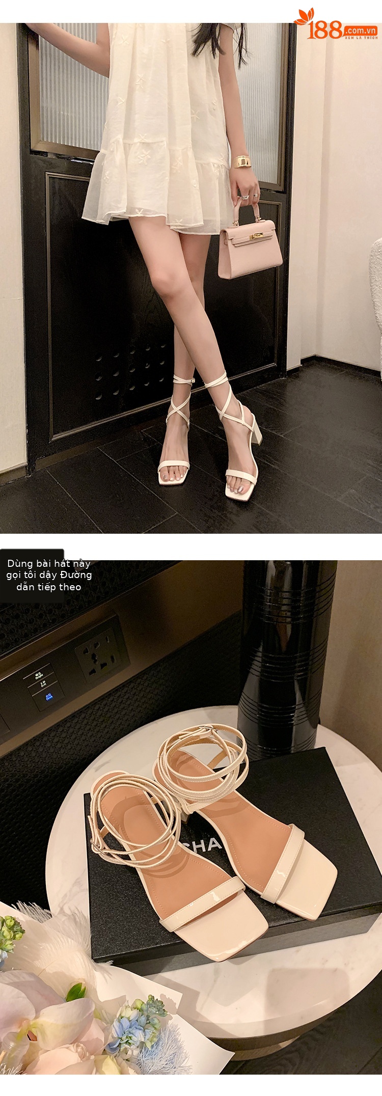 Sandal cao gót nữ hở mũi quai chân phong cách tiên nữ gót thô — Màu đen chi tiết 24