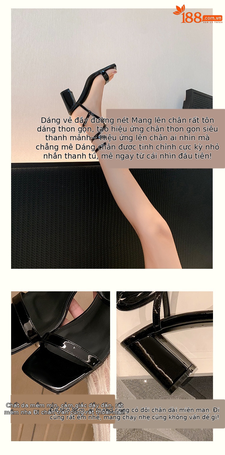 Sandal cao gót nữ hở mũi quai chân phong cách tiên nữ gót thô — Màu đen chi tiết 3