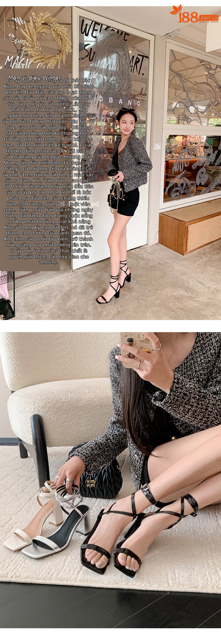 Sandal cao gót nữ hở mũi quai chân phong cách tiên nữ gót thô — Màu đen chi tiết 16