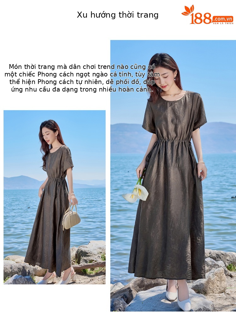 Đầm maxi nữ cổ tròn tay ngắn eo thon dáng dài — Màu đen, Màu nâu đỏ, Màu xám chi tiết 2