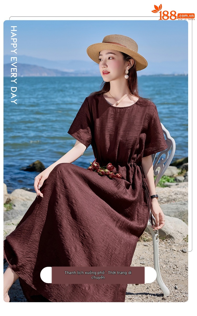Đầm maxi nữ cổ tròn tay ngắn eo thon dáng dài — Màu đen, Màu nâu đỏ, Màu xám chi tiết 3