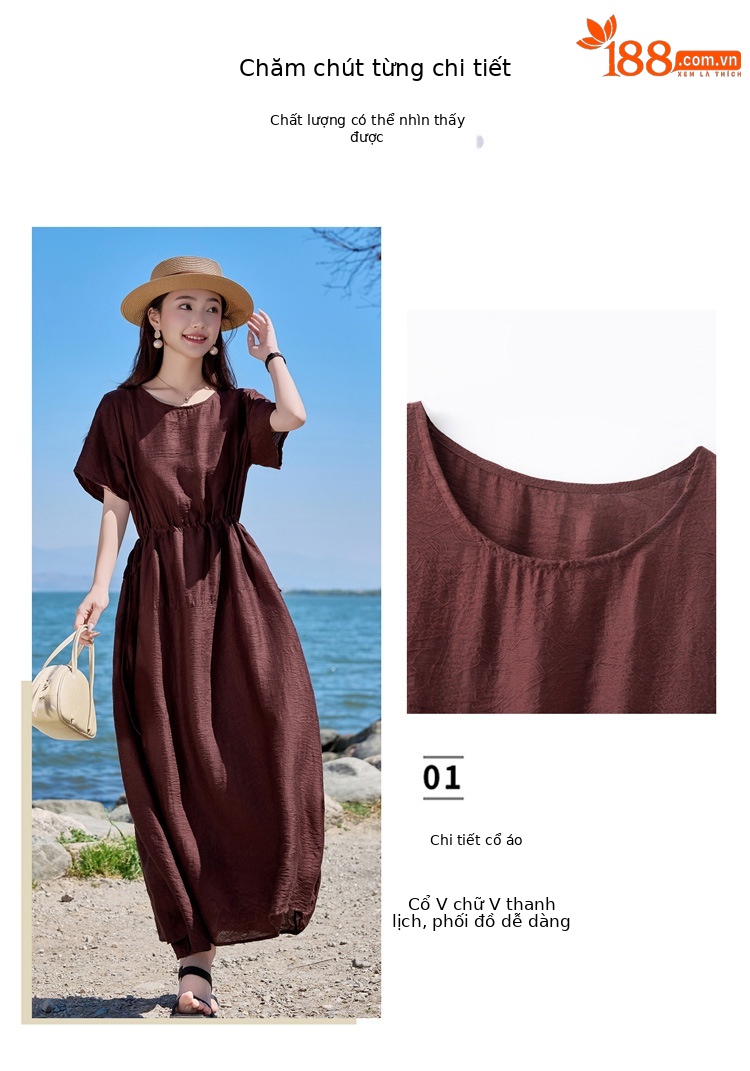 Đầm maxi nữ cổ tròn tay ngắn eo thon dáng dài — Màu đen, Màu nâu đỏ, Màu xám chi tiết 5
