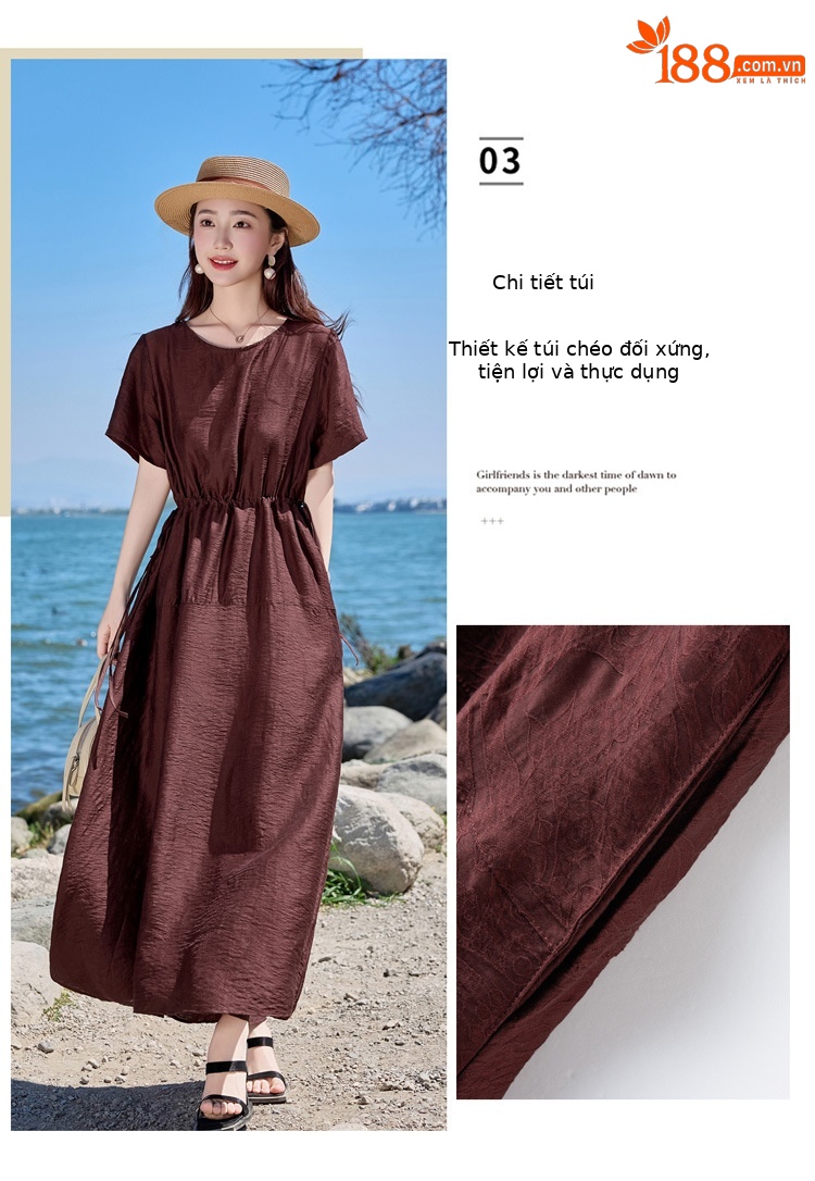 Đầm maxi nữ cổ tròn tay ngắn eo thon dáng dài — Màu đen, Màu nâu đỏ, Màu xám chi tiết 7