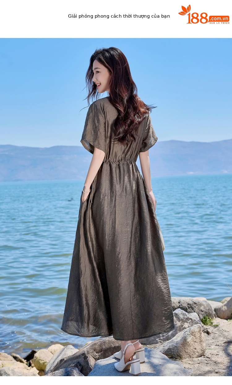Đầm maxi nữ cổ tròn tay ngắn eo thon dáng dài — Màu đen, Màu nâu đỏ, Màu xám chi tiết 8