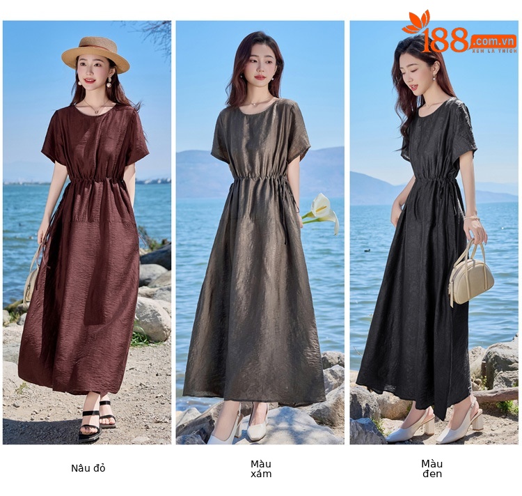 Đầm maxi nữ cổ tròn tay ngắn eo thon dáng dài — Màu đen, Màu nâu đỏ, Màu xám chi tiết 11