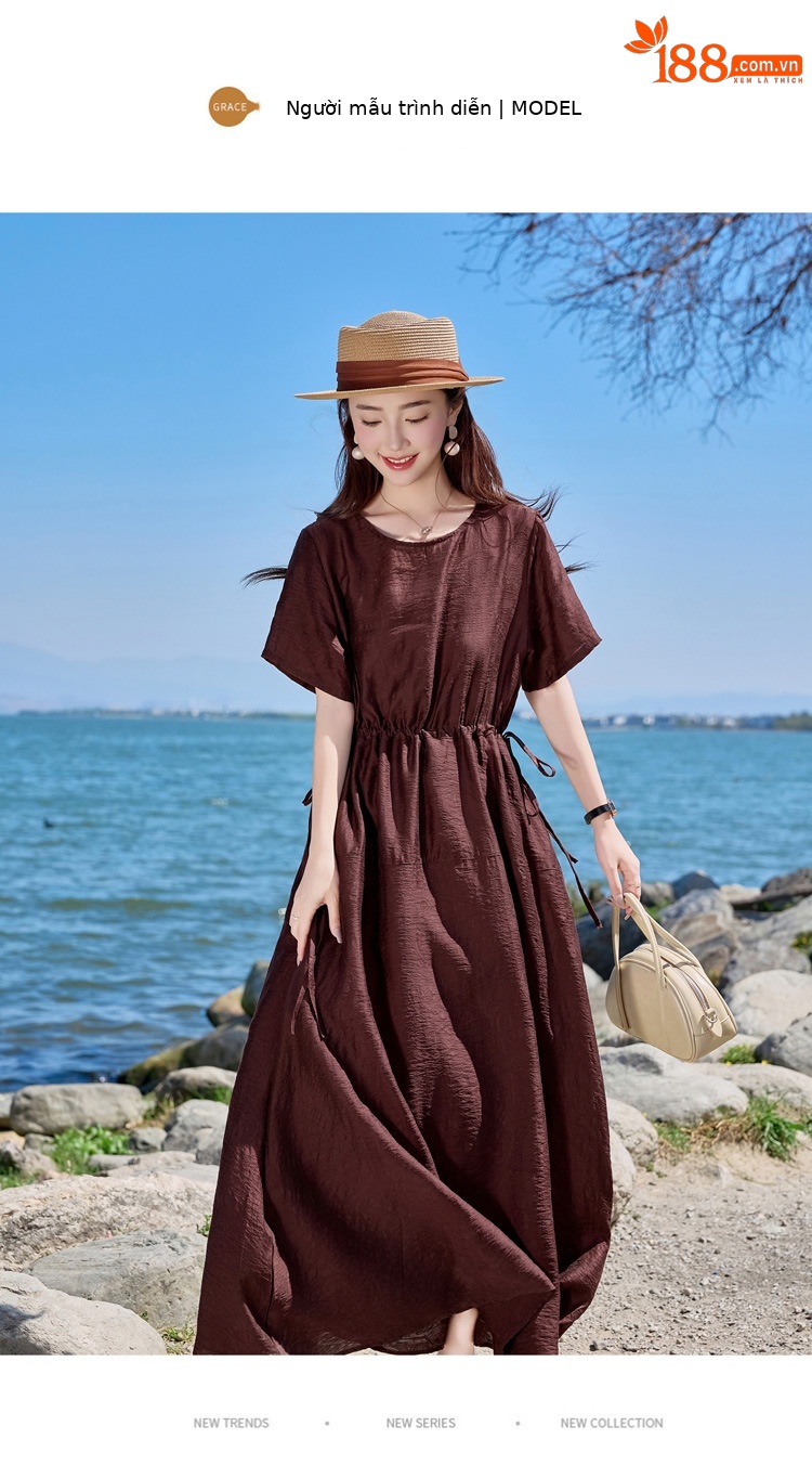 Đầm maxi nữ cổ tròn tay ngắn eo thon dáng dài — Màu đen, Màu nâu đỏ, Màu xám chi tiết 12