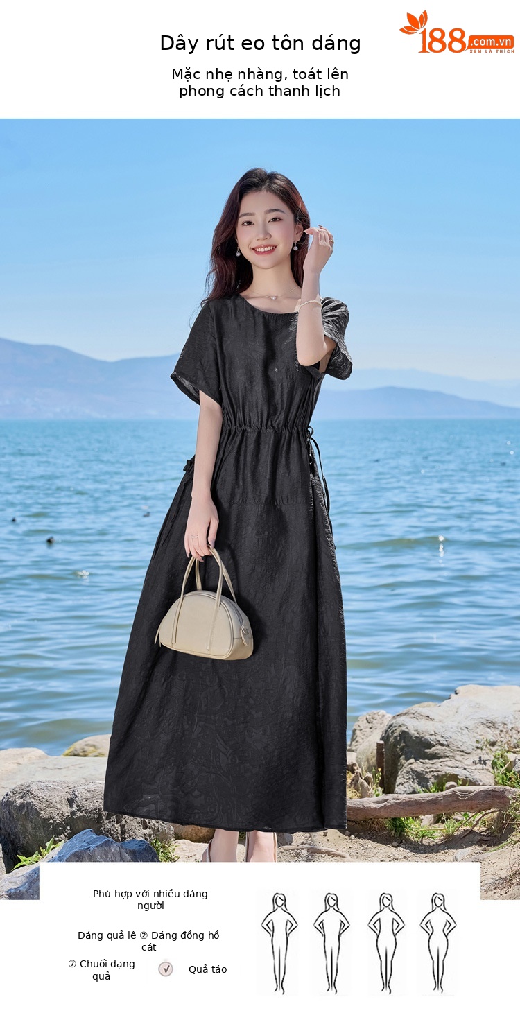 Đầm maxi nữ cổ tròn tay ngắn eo thon dáng dài — Màu đen, Màu nâu đỏ, Màu xám chi tiết 4
