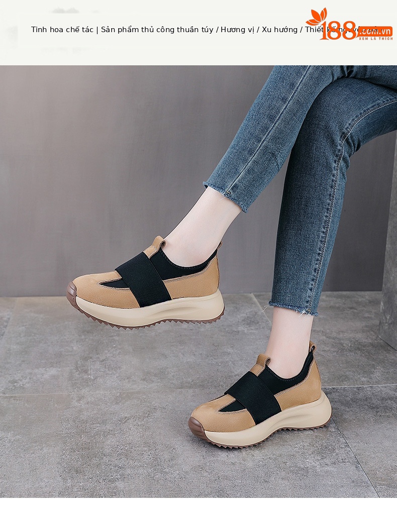 Giày sneaker nữ da bò đế dày cổ điển phong cách Agan — Đen trắng chi tiết 1